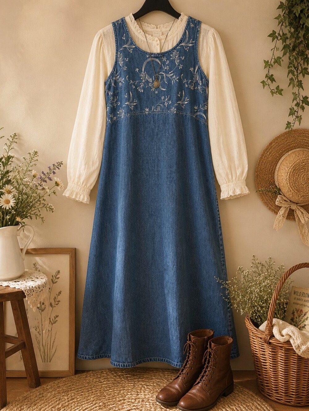 Vintage Denim Embroidered Midi Dress Blue J Sleeveless Chambray Prairie